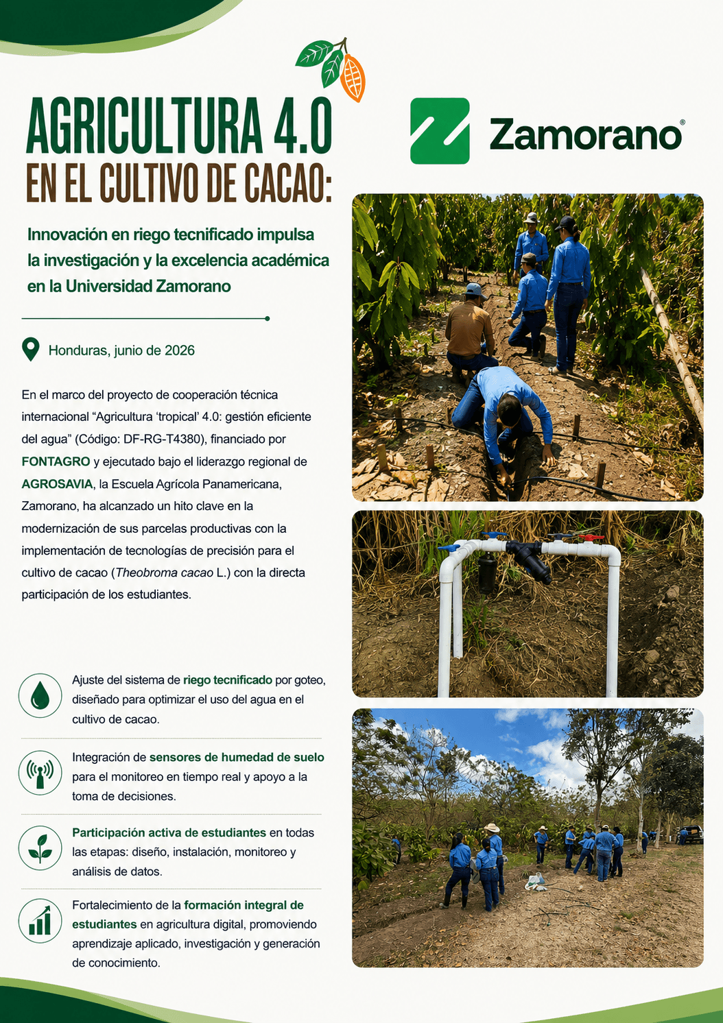Riego de precisión para fortalecer la investigación y formación en cacao en Zamorano